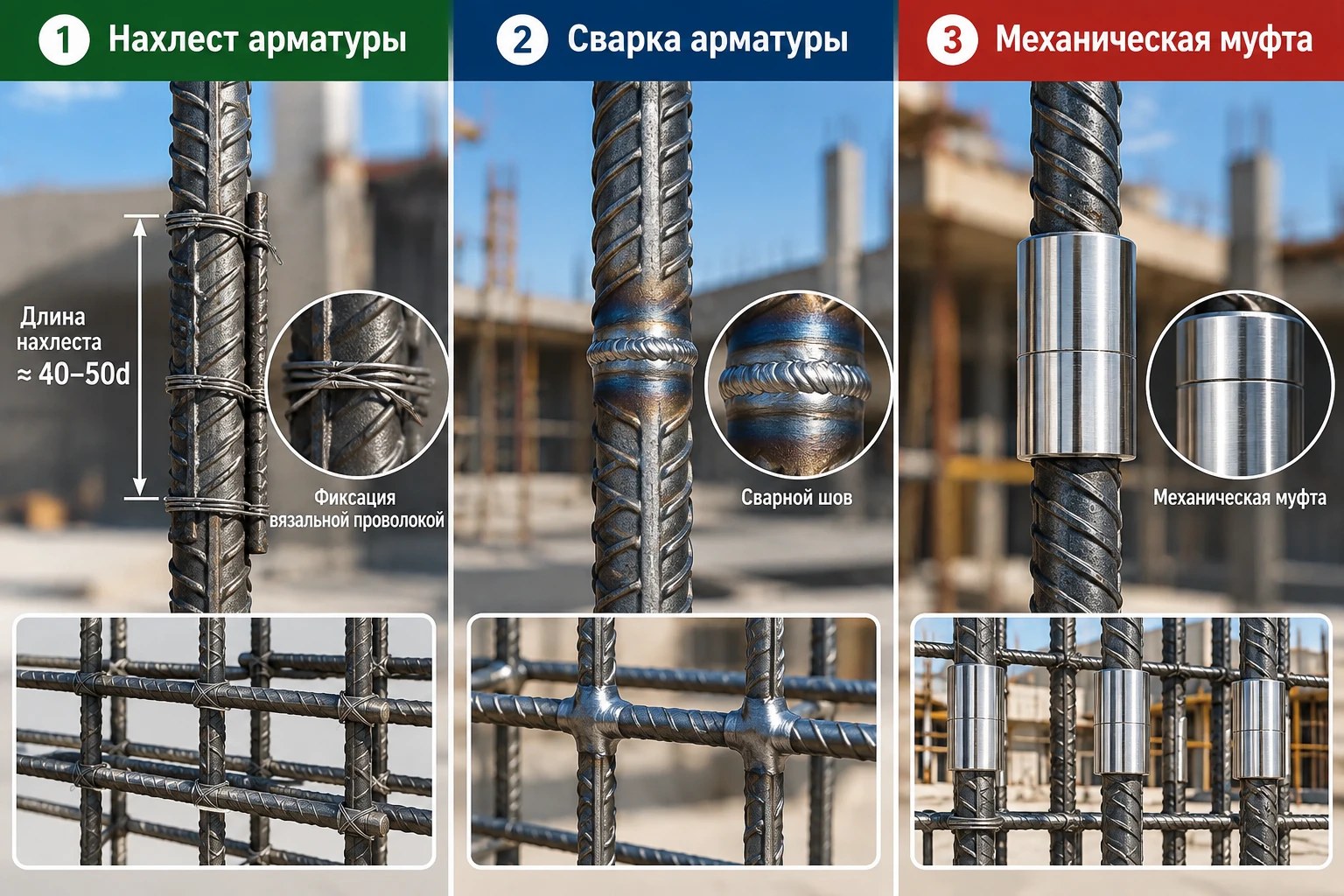 Три способа соединения арматуры: нахлёст, сварка и механическая муфта